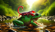 Green frog carries red scorpion across river, a dramatic take on a classic moral tale