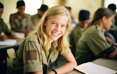 Canvas Print - A young girl in uniform smiling at the camera. Generative AI.