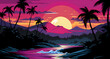 a cartoon sunset view with palm trees and mountains