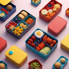 Wall Mural - Modern Minimalism - Intriguing flat pop illustration of a bento box with assorted delicacies on a bold gradient backdrop Gen AI