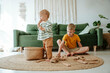 © Westend61 - Two brothers playing with wooden train set in living room at home