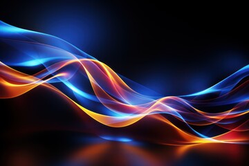 Poster -  a blue, orange and red wave on a black background with a reflection of light on the bottom of the wave.
