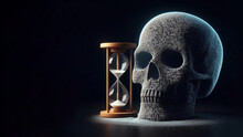 Illustration Of A Digital Skul And A Sand Clock Hourglass.