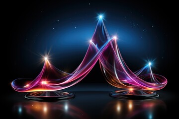 Poster -  a blue and pink abstract design on a black background with a reflection of light on the bottom of the image.