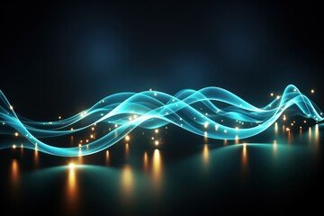 Poster -  a blue wave of light on a black background with a reflection of the light on the water in the foreground.