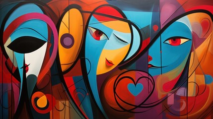 Wall Mural -  a painting of a woman's face with red, blue, yellow, and orange colors on the side of a building.