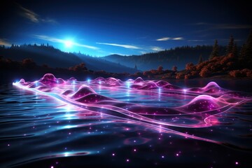 Poster -  a computer generated image of a boat in a body of water with mountains in the background and stars in the sky.