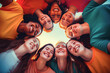 A group of joyful young girls forming a circle, smiling and bonding outdoors during the golden hour.