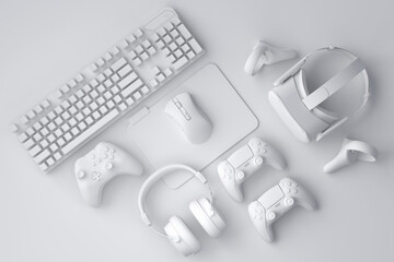Poster - top view gamer gears like joystick, keyboard, headphones and vr glasses