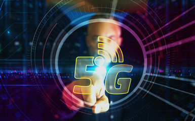 Wall Mural - 5G mobile network technology symbol digital 3d finger touch