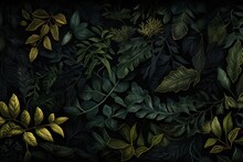  A Painting Of Green Leaves And Plants On A Black Background With A White Border Around The Edges Of The Image.