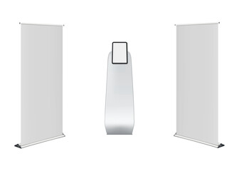 Wall Mural - Trade show display set vector mock-up. White blank roll-up retractable banner stand and tablet stand with transparent screen mockup