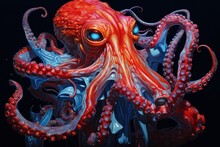  A Painting Of An Octopus With Blue Eyes And A Red Ring Around It's Neck, On A Black Background.
