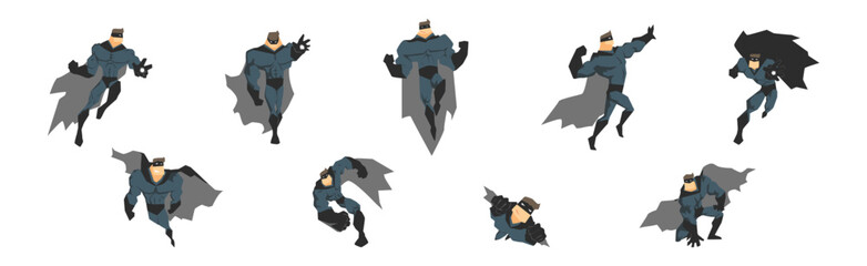 Canvas Print - Man Superhero Character in Cloak and Mask in Different Pose Vector Set