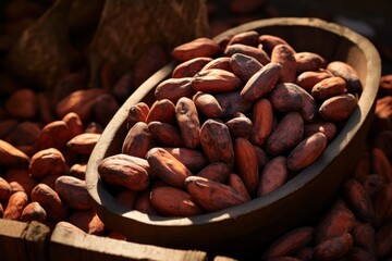 Wall Mural -  a wooden bowl filled with peanuts sitting on top of a pile of other nuts in front of a wooden spoon.