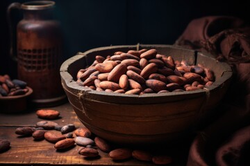 Wall Mural -  a wooden bowl filled with nuts on top of a table next to a vase and a cloth covered table cloth.