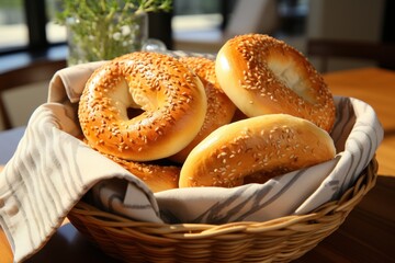 Wall Mural -  a basket filled with bagels sitting on top of a wooden table next to a vase of green leafy plants.