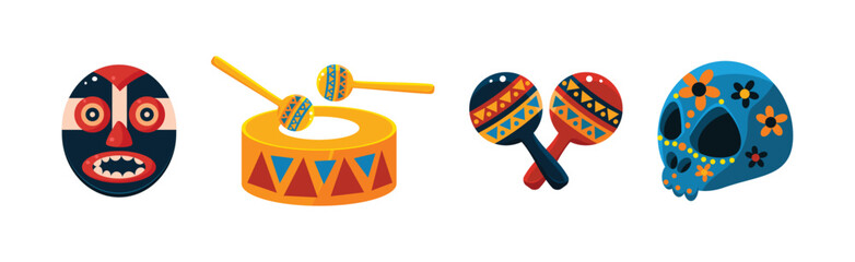 Sticker - Mexican Objects and Symbols with Mask, Drum, Maraca and Skull Vector Set