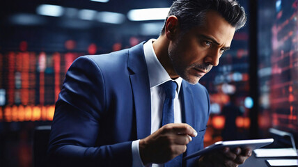 Poster - businessman using a tablet to analyze large data sets in a time-sensitive scenario, such as a stock market or a sports game, with a dynamic and energetic background that emphasizes the urgency