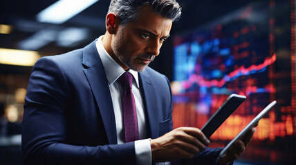 Poster - businessman using a tablet to analyze large data sets in a time-sensitive scenario, such as a stock market or a sports game, with a dynamic and energetic background that emphasizes the urgency
