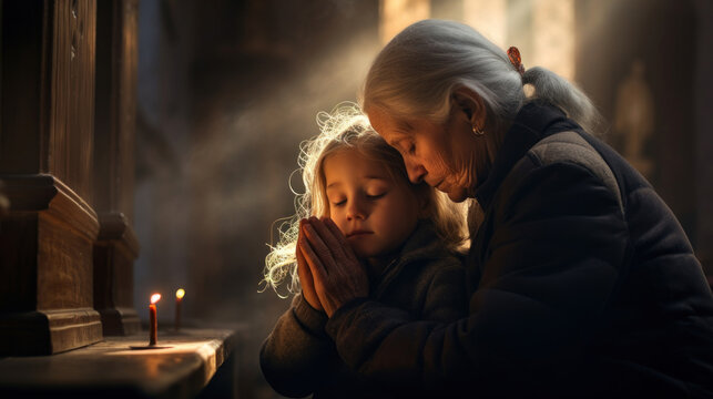 An elderly woman and a young child share a tender moment of prayer together, illuminated by candlelight in a serene setting.
