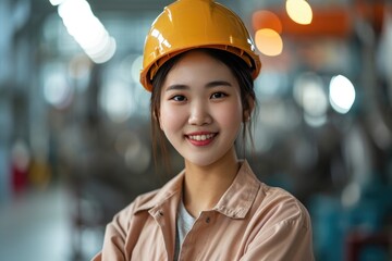 beauty happy smiling professional engineer with helmet in the factory