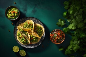  a plate topped with three tacos next to a bowl of guacamole and a bowl of salsa.