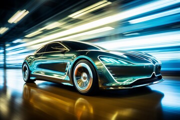 Poster - futuristic car factory visuals with blurred bokeh effect for lively automotive background.