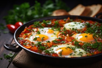 Wall Mural -  two fried eggs in a skillet with tomatoes and parsley on a cutting board next to bread and tomatoes.