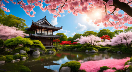 Beautiful Japanese garden with pagoda and sakura