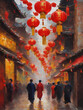Oil Painting Chinese New Year Celebrations In Chinatown With Red Lanterns. Generative AI