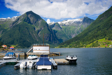 Wall Mural - Boats moored at the waterfront of Balestrand, Sognefjorden, Norway