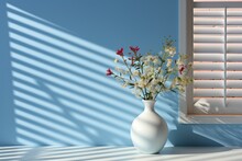  A White Vase With Flowers In It Sitting In Front Of A Window With Blinds On The Side Of The Room.
