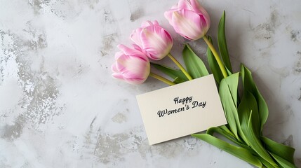  Elegant tulip grating card for women s day with  happy women s day  text on white backdrop