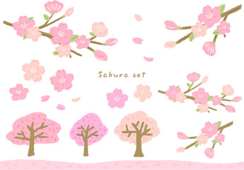 Wall Mural - Cute simple hand drawn illustration set with cherry blossoms and cherry blossom trees and petals, textured / 桜と桜の木と花びら、テクスチャのあるかわいいシンプルな手描きイラストセット