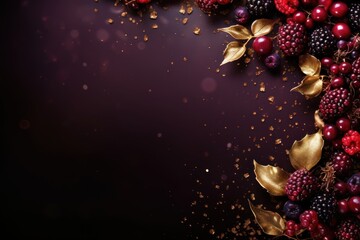 Wall Mural -  raspberries, blackberries, and other berries are arranged in the shape of a heart on a dark background.