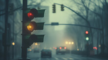 Red and Yellow light on pedestrian traffic light signalization in foggy winter morning
