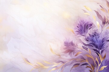 Poster -  a painting of purple flowers and gold leaves on a white and purple background with a light blue sky in the background.