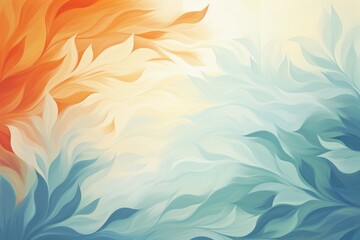 Wall Mural -  a painting of an orange and blue flower on a yellow and white background with a green and orange flower on the right side of the image.