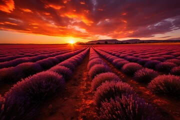 Wall Mural -  a field of lavender plants with the sun setting in the distance in the distance is an orange and purple sky.