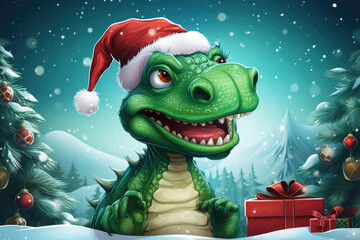 cute christmas dragon in santa hat in cartoon style with gift boxs on the backdrop of a beautiful sn