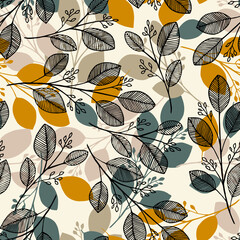 Wall Mural - Seamless doodle pattern with vintage leaves sketch. For wrapping paper. Ideal for wallpaper, surface textures, textiles.