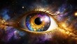 Eye with galaxy in the iris and universe in the background