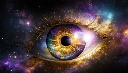 eye with galaxy in the iris and universe in the background
