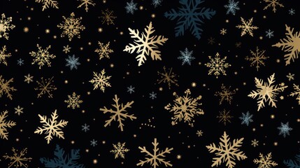  a black background with gold and blue snowflakes and stars on the bottom and bottom of the snowflakes is a black background with gold and blue snowflakes and white snowflakes on the bottom.