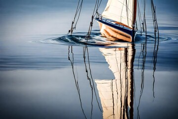 Wall Mural - Blue water reflection of sailboats boats poles in waves tranquil water