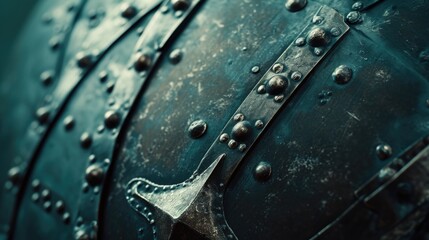 Poster - A detailed close up of a metal object featuring rivets. This image can be used to showcase industrial design, construction, or mechanical engineering projects