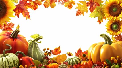 Poster - Pumpkins and gourds arranged in a group with colorful autumn leaves. Perfect for autumn-themed projects and seasonal decorations