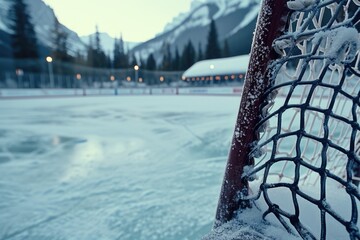 Poster - A close up photograph of a hockey net covered in snow. Perfect for winter sports or hockey-themed designs