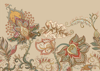  Fantasy flowers in retro, vintage, jacobean embroidery style. Seamless pattern, background. Vector illustration.